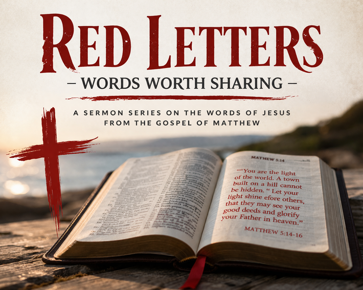 An open Bible on a rocky shore with a red cross and the title