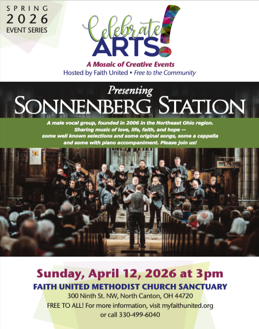 Flyer for a concert by male vocal group Sonnenberg Station at Faith United Methodist Church on April 12, 2026, at 3pm.