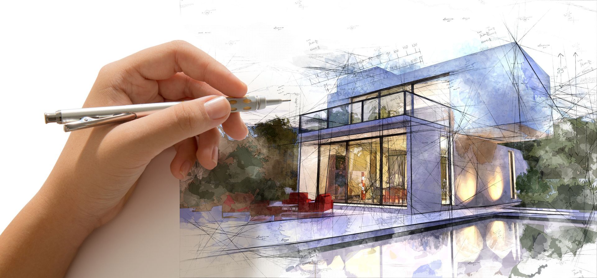 Hand drafting a modern white villa with a pool Hand drafting a modern white villa with a pool