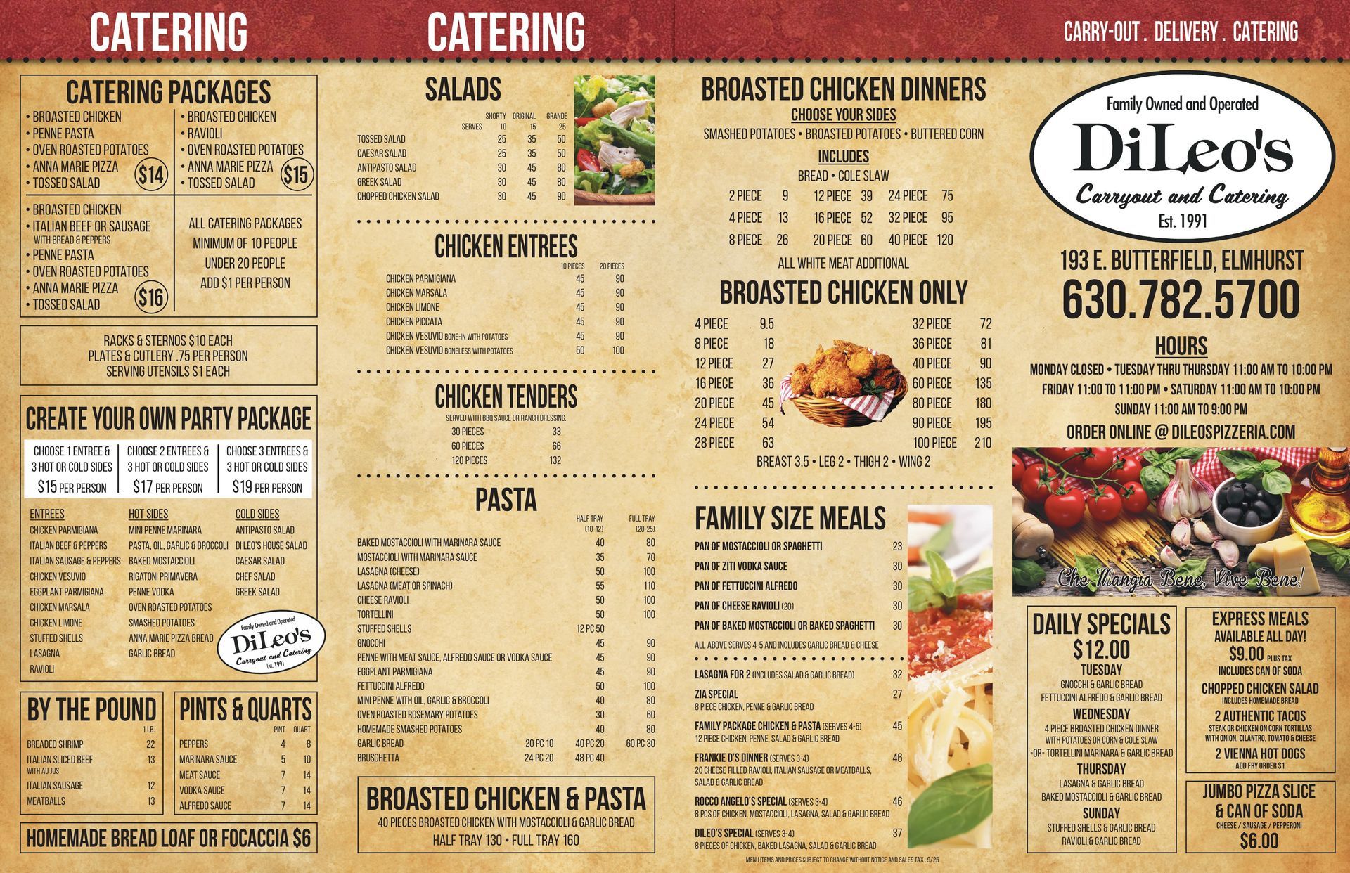A menu for dilco 's catering and catering packages