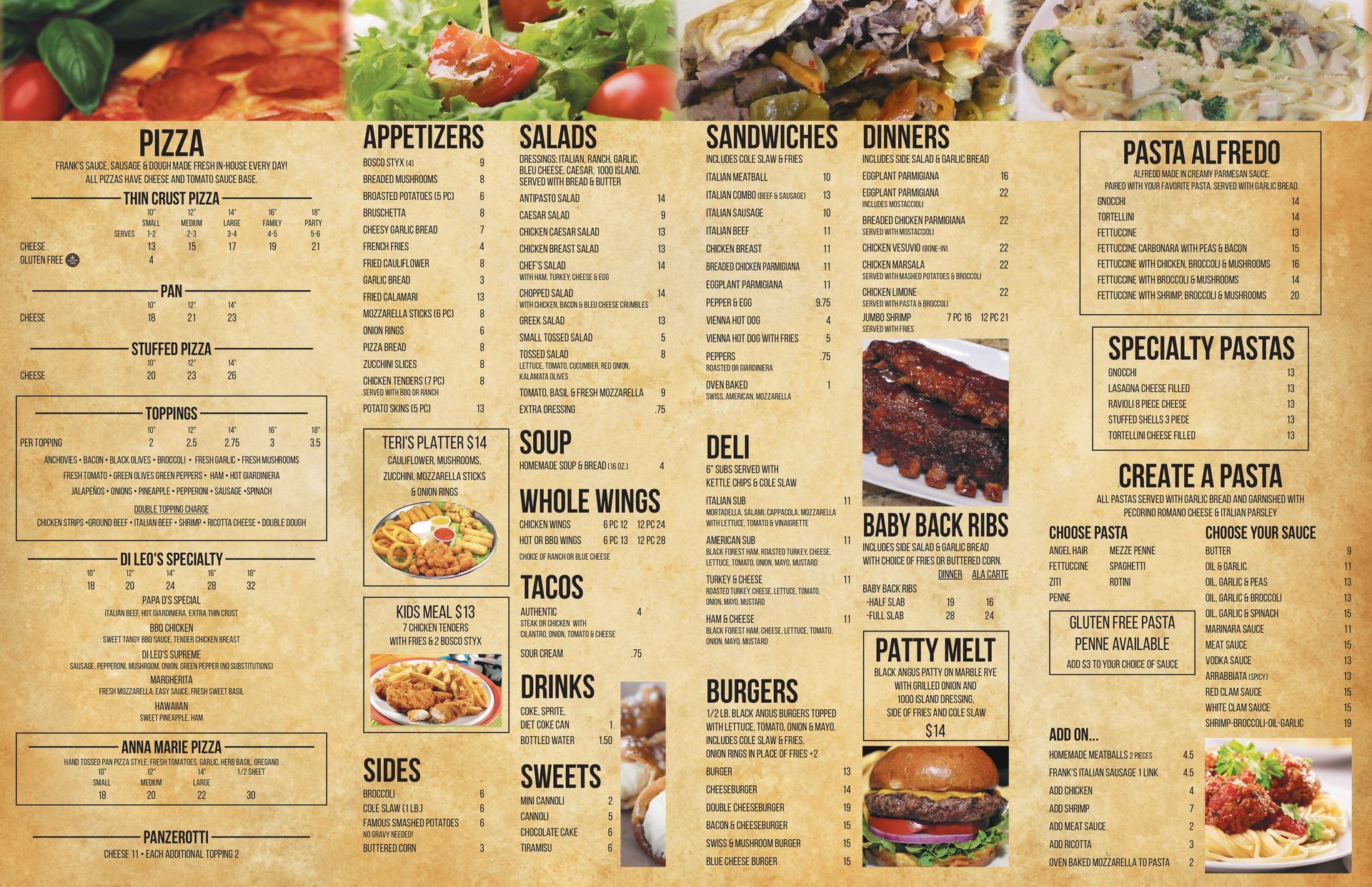 A menu for a restaurant with a lot of food on it