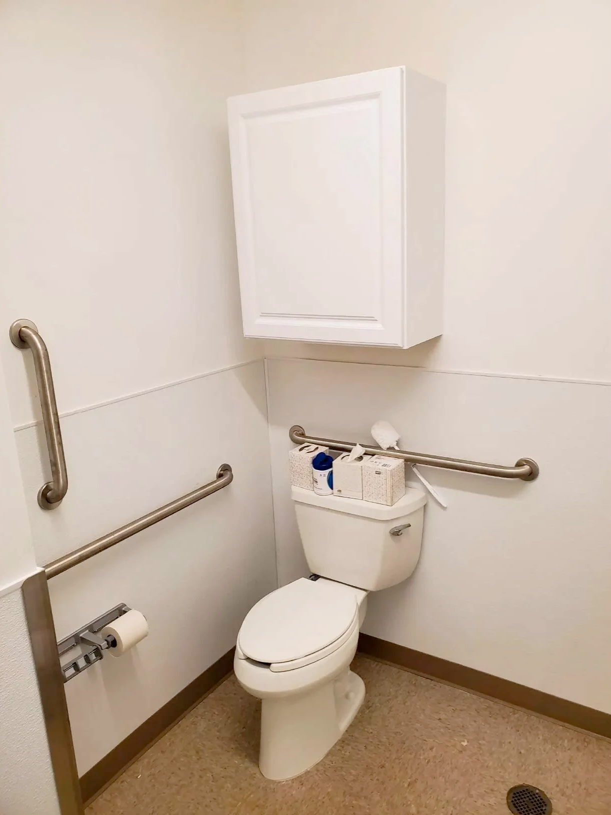 A bathroom with a toilet and a cabinet above it.