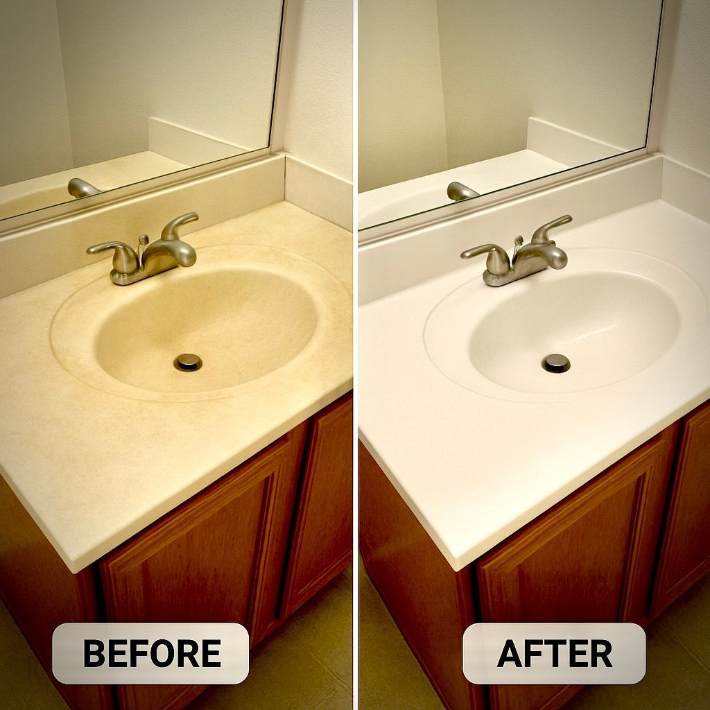 Bathroom countertop before and after cleaning; dirty, stained surface cleaned to bright white.