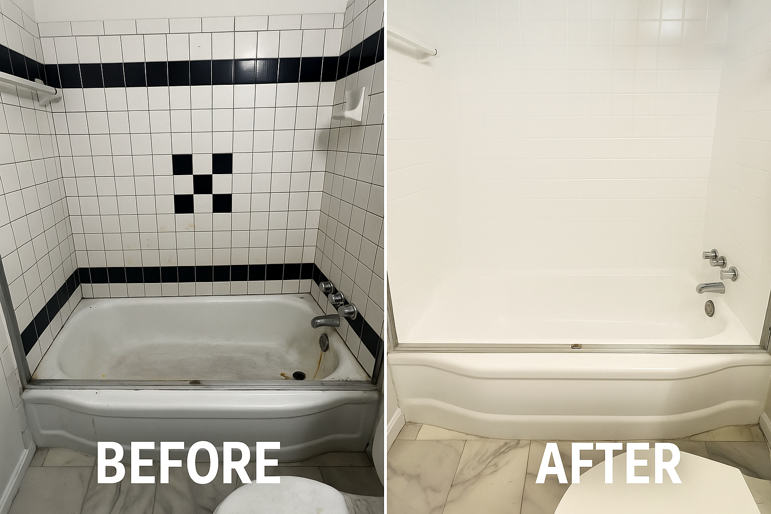 Bathroom renovation comparison: Before shows black/white tiled tub surround; After has white paneling.