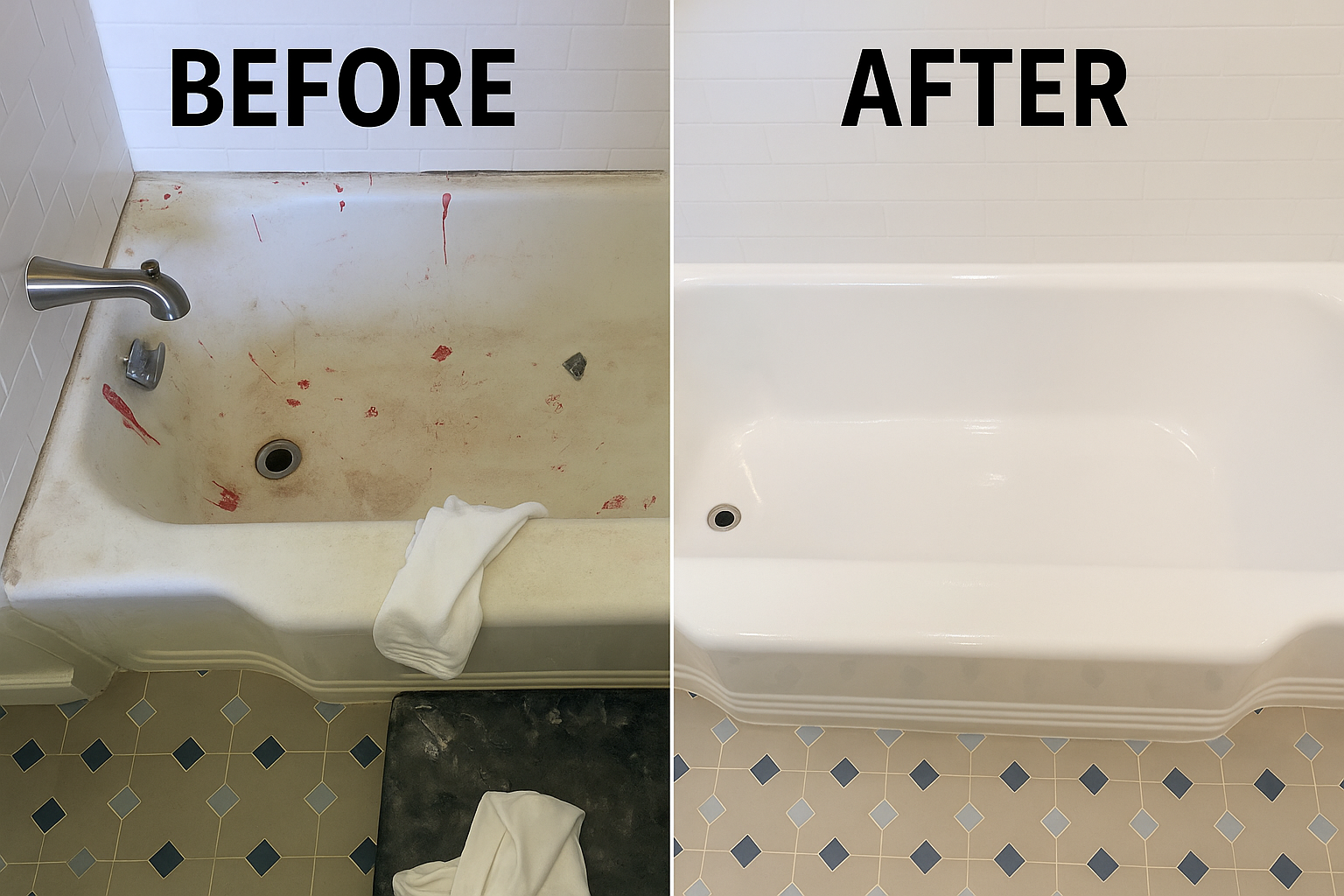 Before and after of a cleaned white bathtub. Before image shows stains. After image shows clean surface.