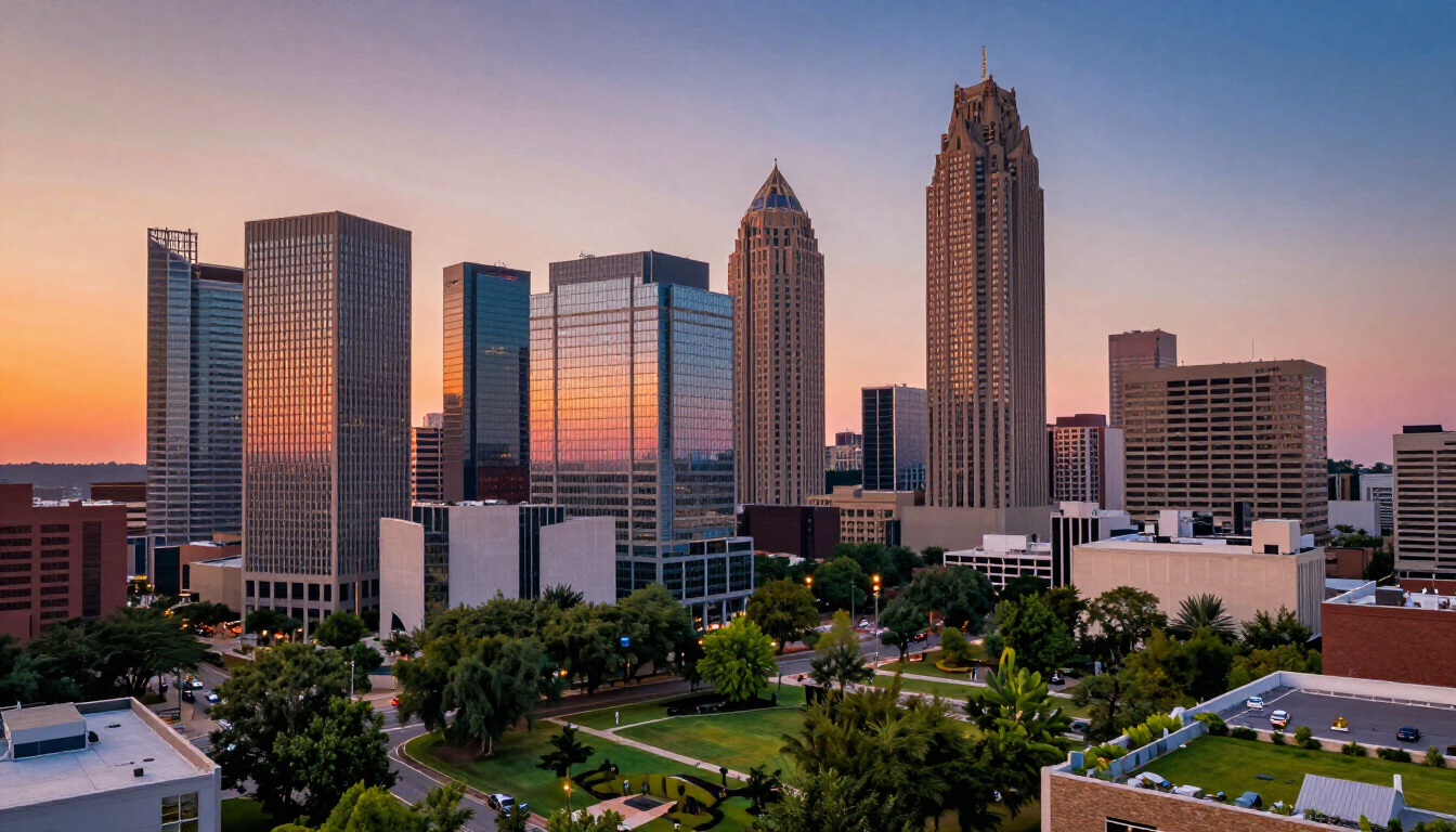 A corporate professional looking at the Atlanta skyline through a window.