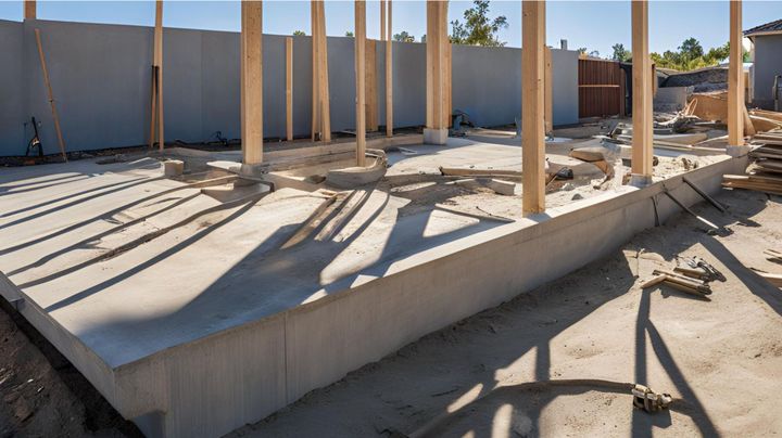 A house is being built with a concrete foundation and wooden beams.