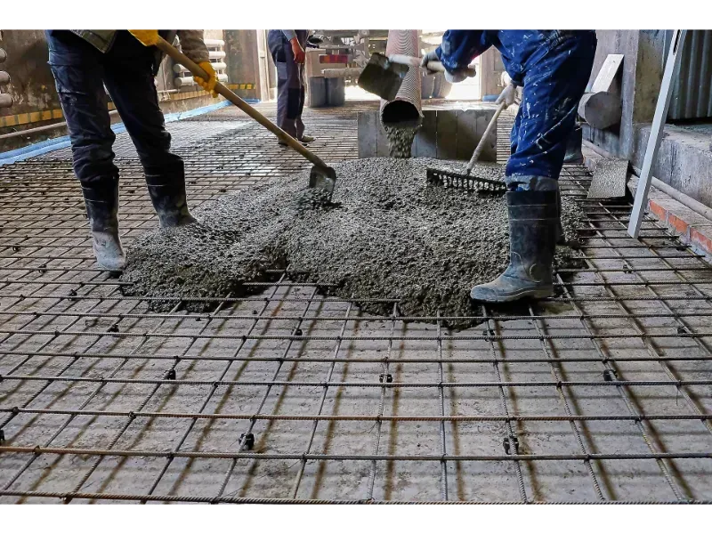 Workers pouring concrete onto a rebar grid, smoothing with tools, inside a building.