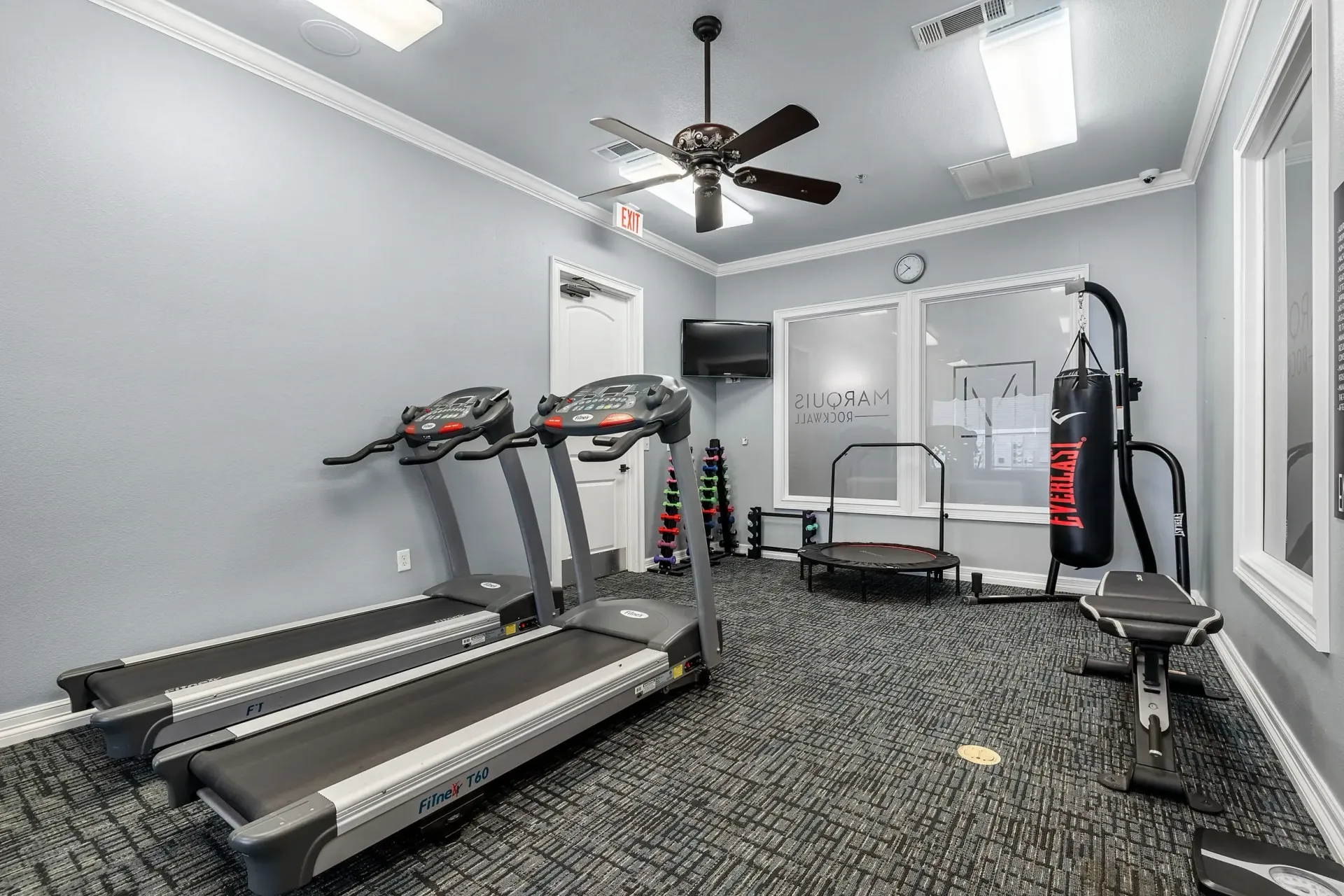 Fitness center with treadmills, punching bag, and weights.