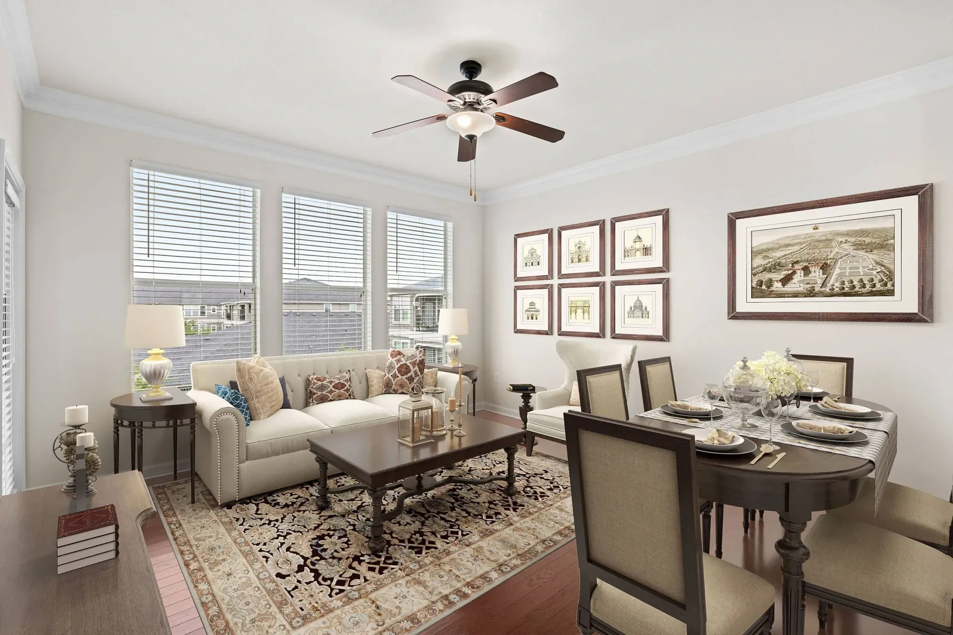 Living and dining area with a sofa, coffee table, and dining set.