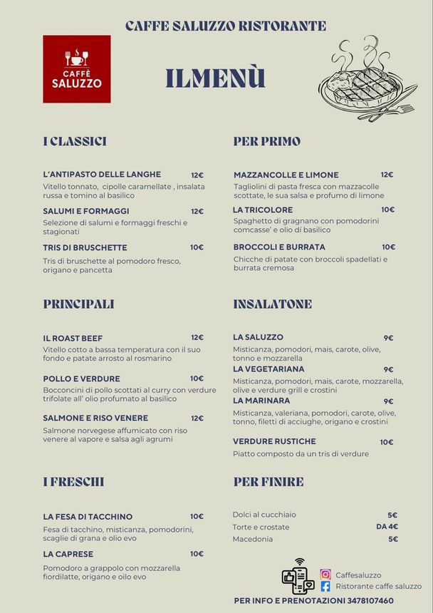 Menu board of a restaurant, with sections for antipasti, primi, secondi, insalatone, i freschi, and dolci.