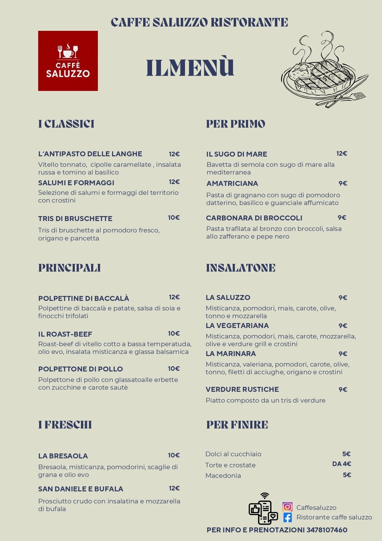 Menu board of a restaurant, with sections for antipasti, primi, secondi, insalatone, i freschi, and dolci.