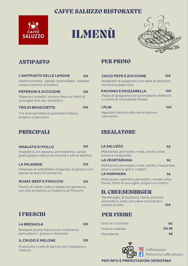 Menu board of a restaurant, with sections for antipasti, primi, secondi, insalatone, i freschi, and dolci.