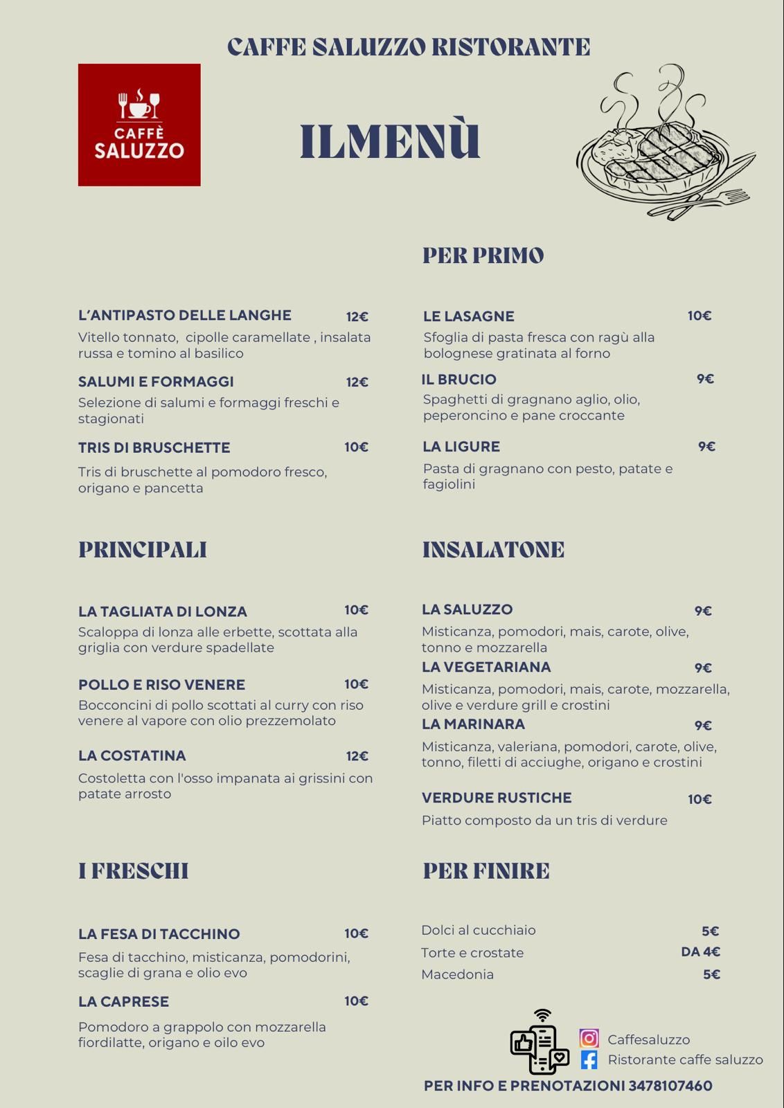 Menu board of a restaurant, with sections for antipasti, primi, secondi, insalatone, i freschi, and dolci.