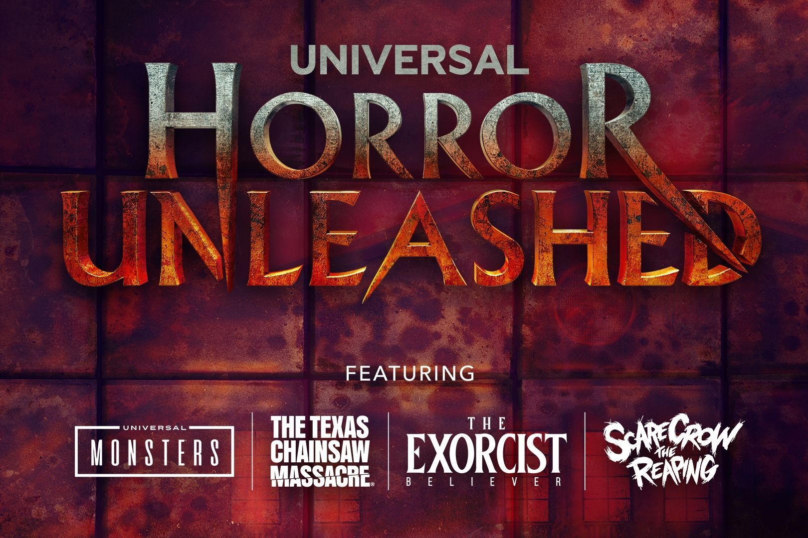 Universal Horror Unleashed logo. Dark, rusty background with horror icons: Monsters, Texas Chainsaw Massacre, The Exorcist, Scarecrow.
