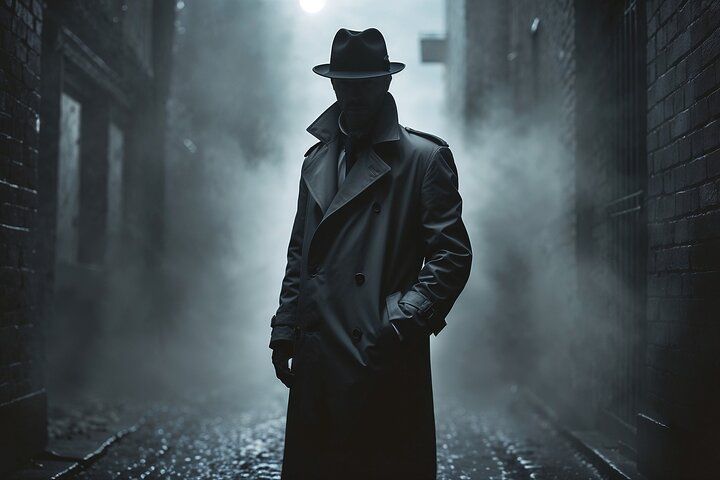 A figure in a fedora and trench coat stands in a foggy alleyway.