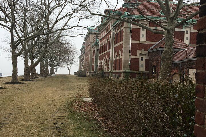 Row of brick buildings with red tile roofs, flanked by bare trees and overgrown bushes on a cloudy day.