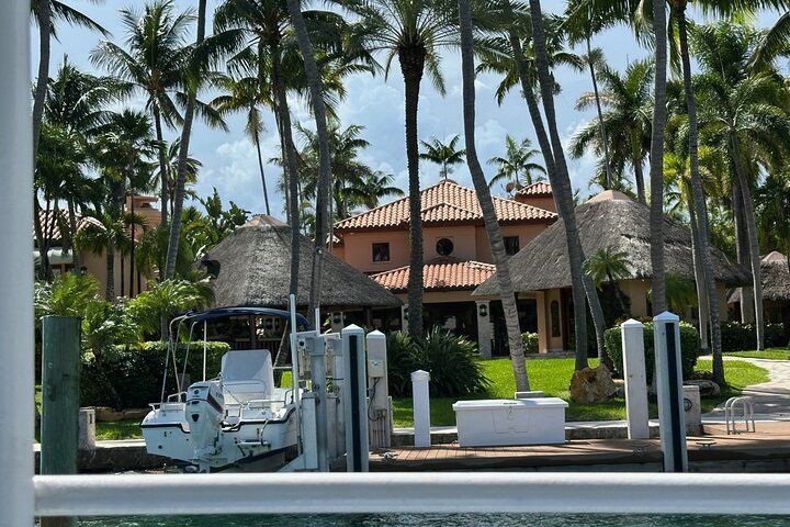 A house with a thatched roof near a dock with a boat, surrounded by palm trees.