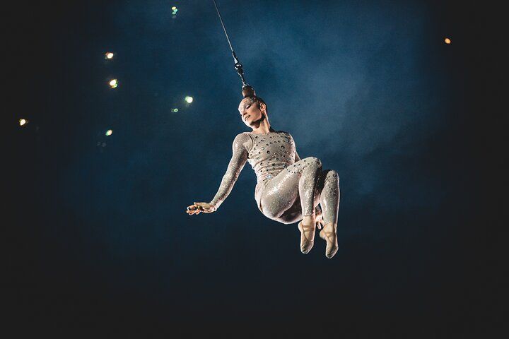Aerialist in sparkly white costume suspended in air, performing against dark background.