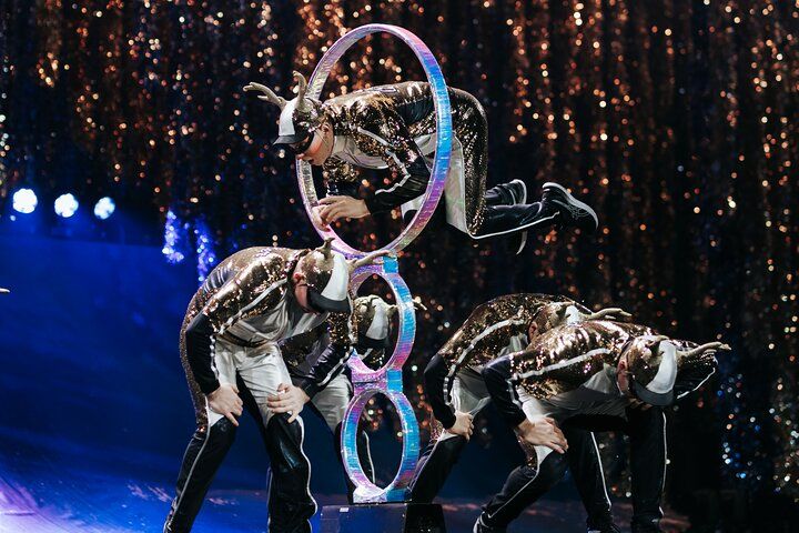 Performers in sequined outfits balancing inside and on a multi-hooped structure on a stage.