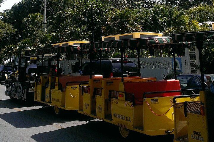 Yellow tourist train on a sunny street, with passengers visible.