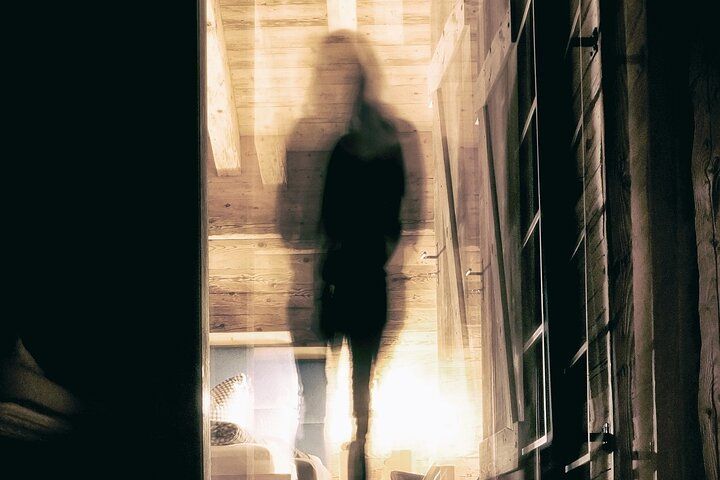 Blurred figure in doorway, obscured details, sepia tone, possibly haunted house interior.