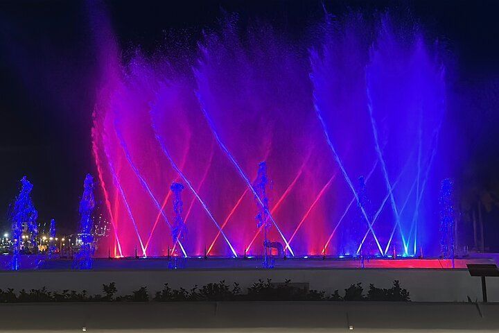 Water fountain display at night with pink and blue lights.