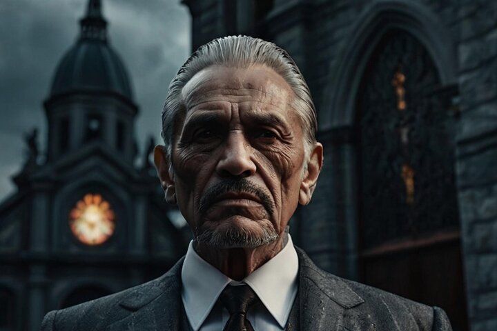 Man in suit, stern expression, dark setting, church in background.