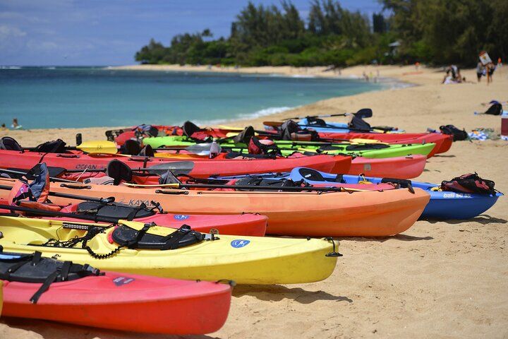 Kayaks on a sandy beach, various colors. People and ocean in the background.