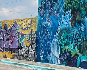 A wall covered in graffiti.