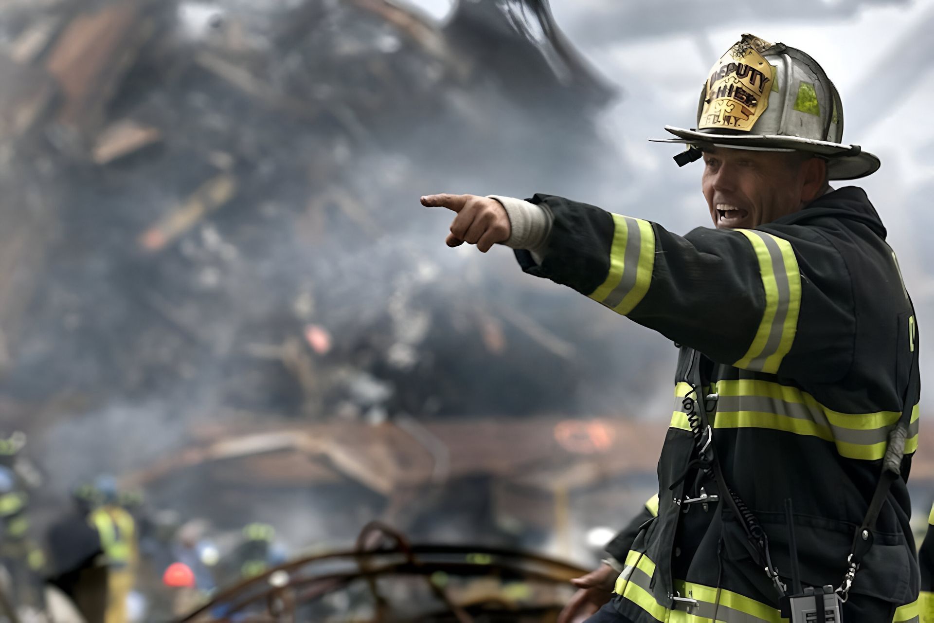 Firefighter pointing amidst debris and smoke.