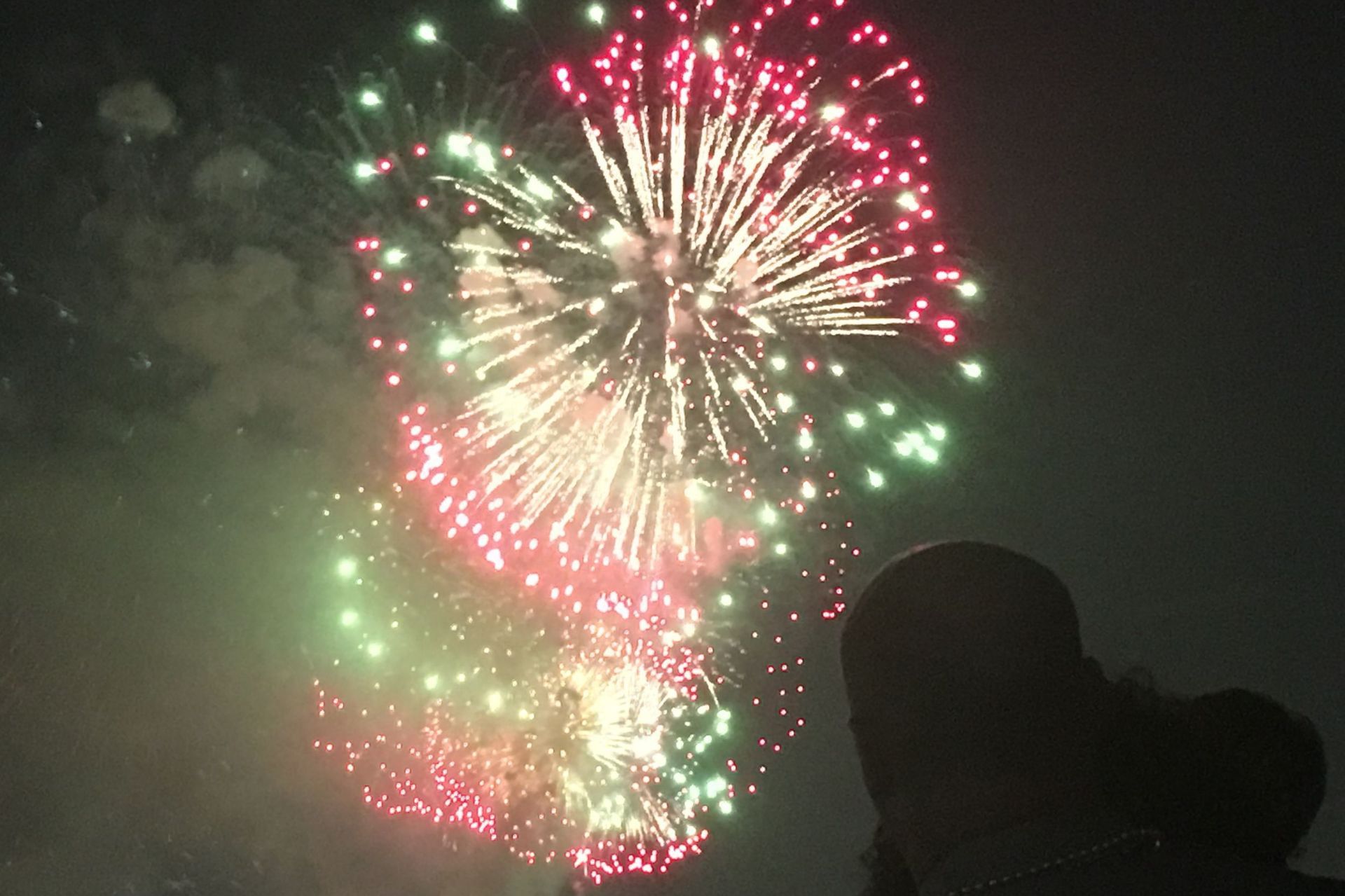 Fireworks exploding in the night sky. Silhouetted person watches colorful bursts of red, white, and green.