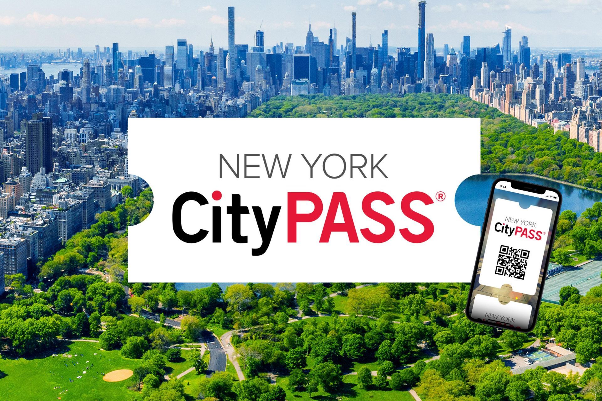 New York CityPASS, a city sightseeing pass, over Central Park and NYC skyline. Ticket on a phone and a physical pass.