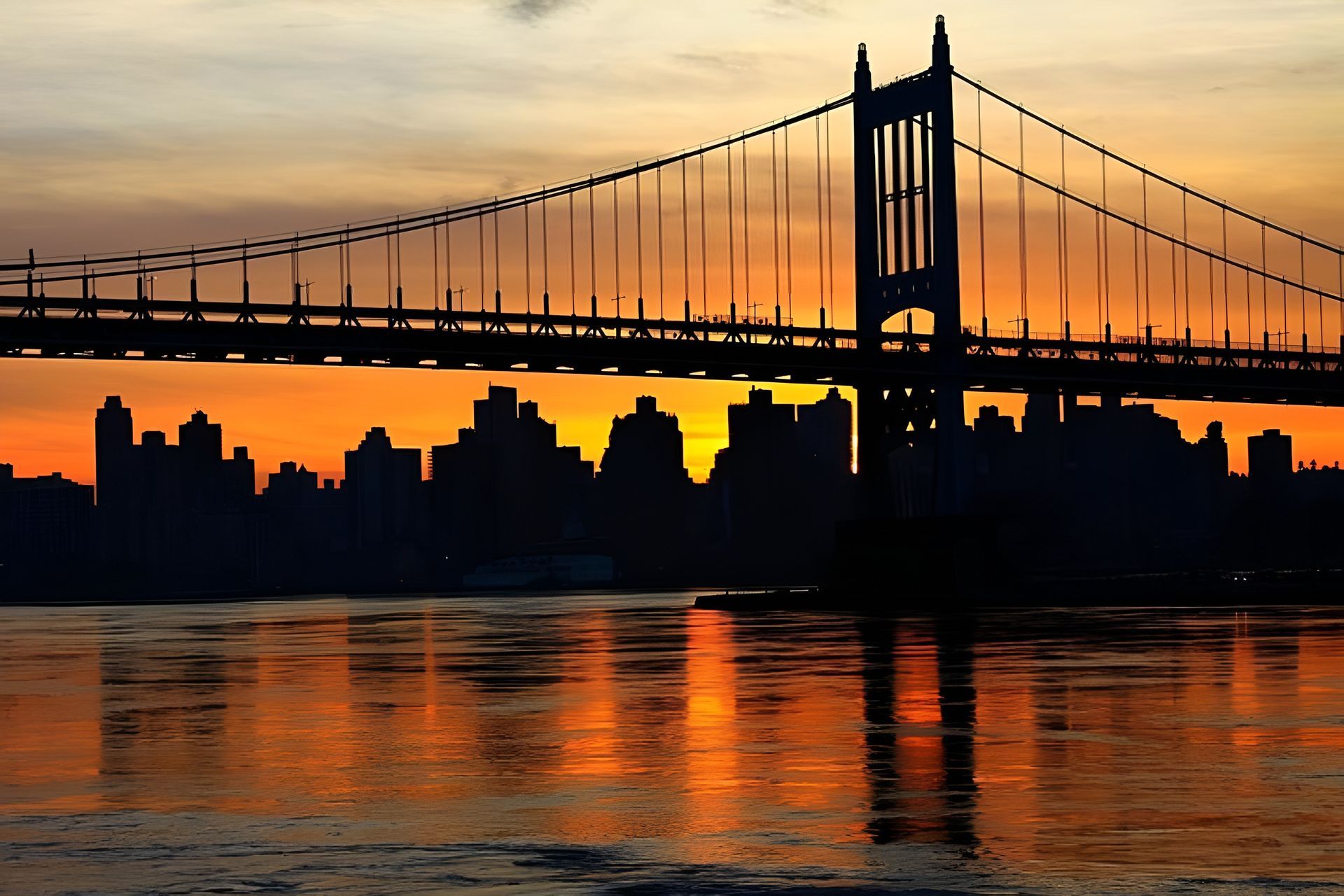 Sunset silhouette of a bridge over water, cityscape in the background, orange and gold sky.