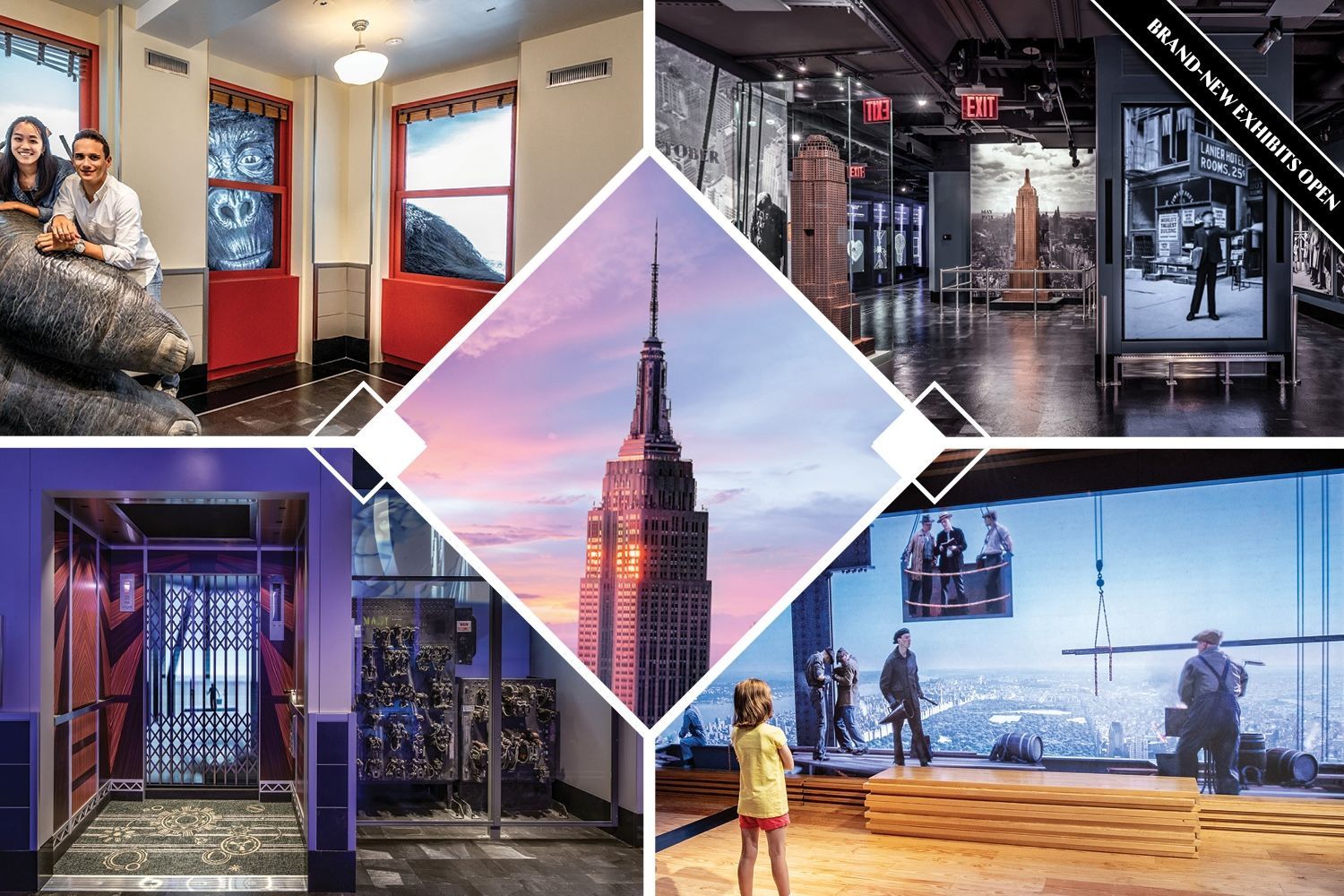 A collage of the Empire State Building and some of it's indoor attractions.