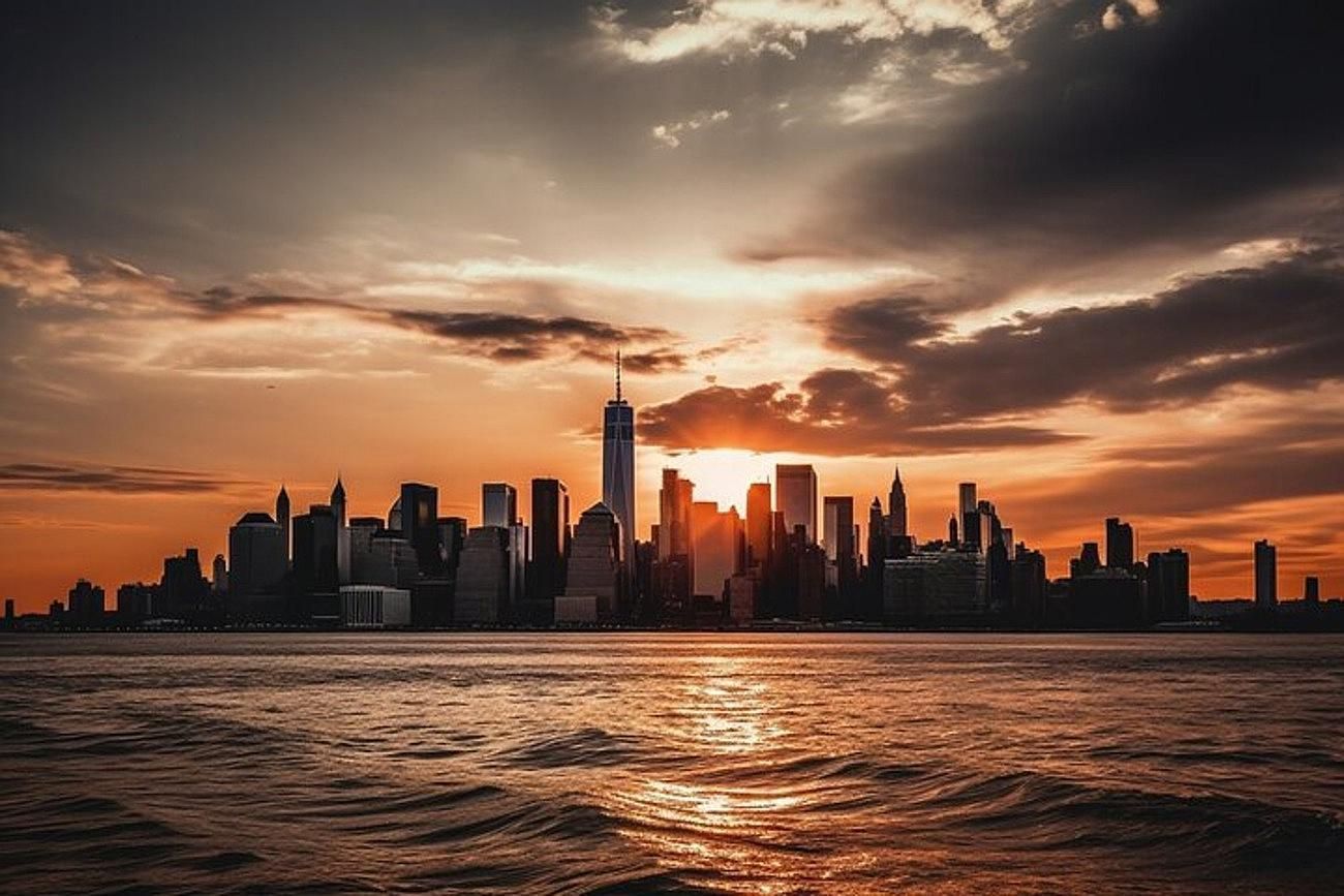 A skyline silhouetted against an orange sunset over water.