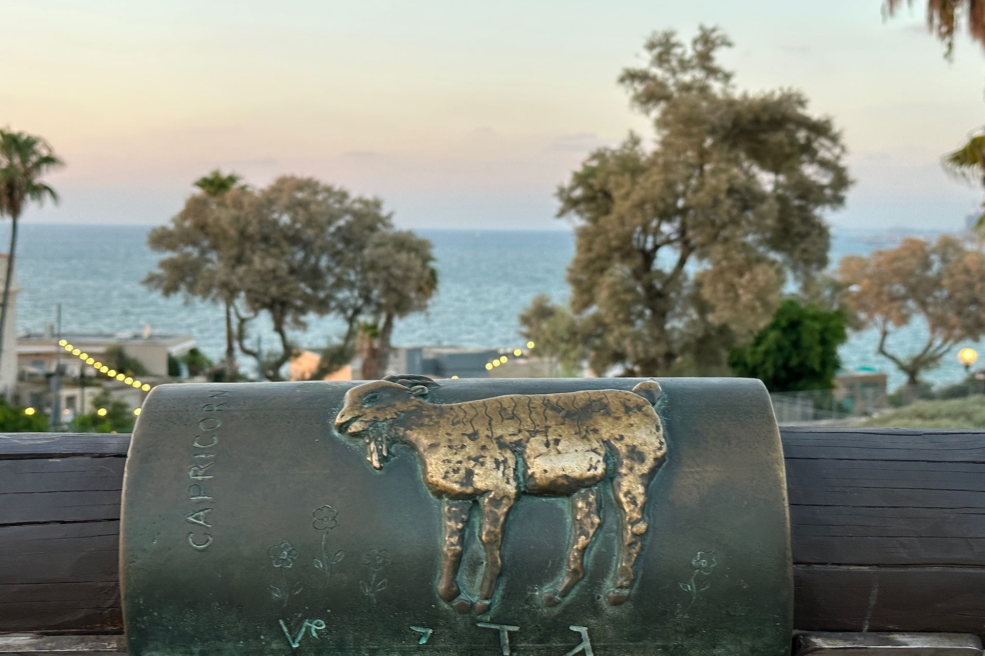 Bronze plaque with goat image on bench overlooking the ocean.