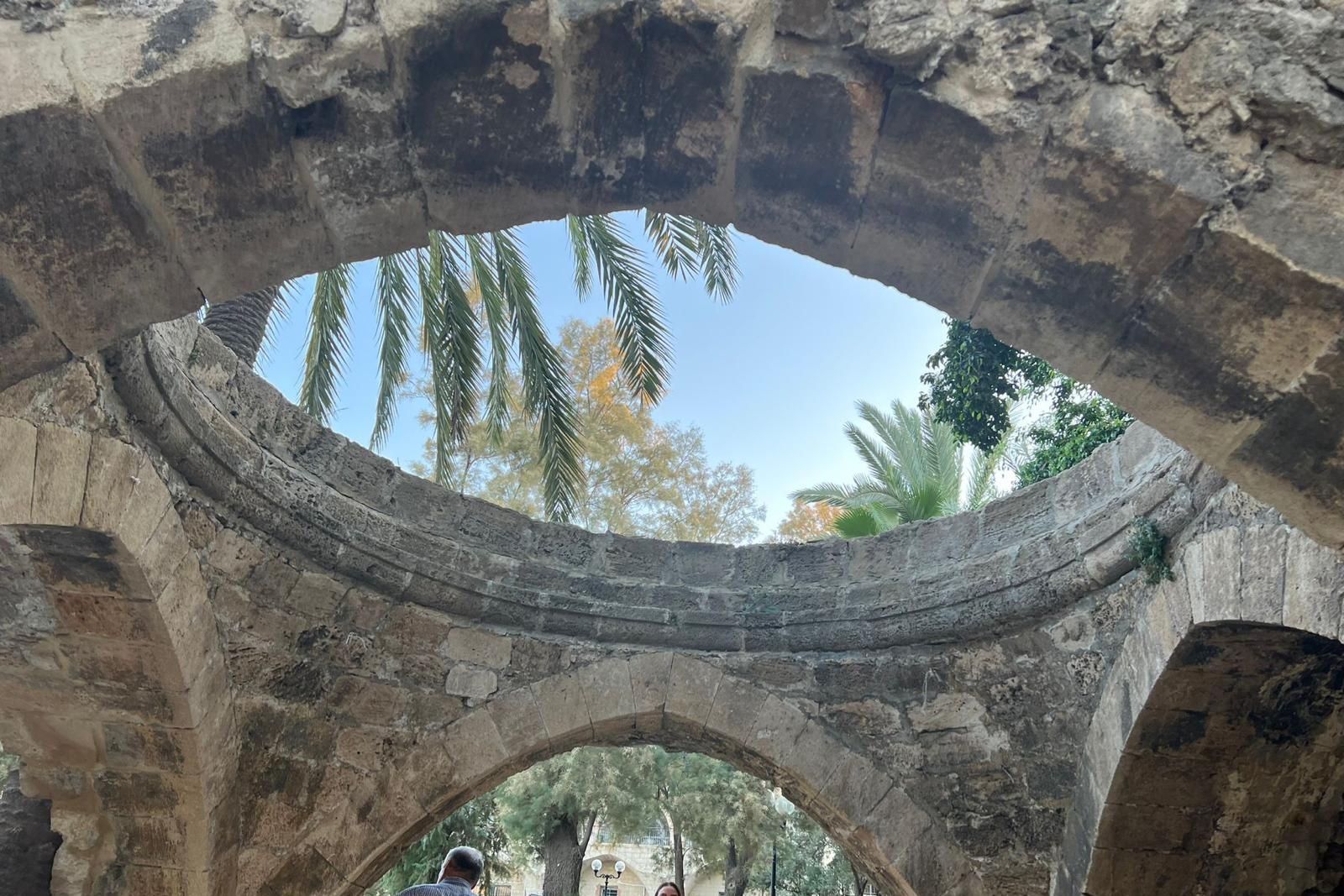 Stone arches frame a view of palm trees and blue sky.