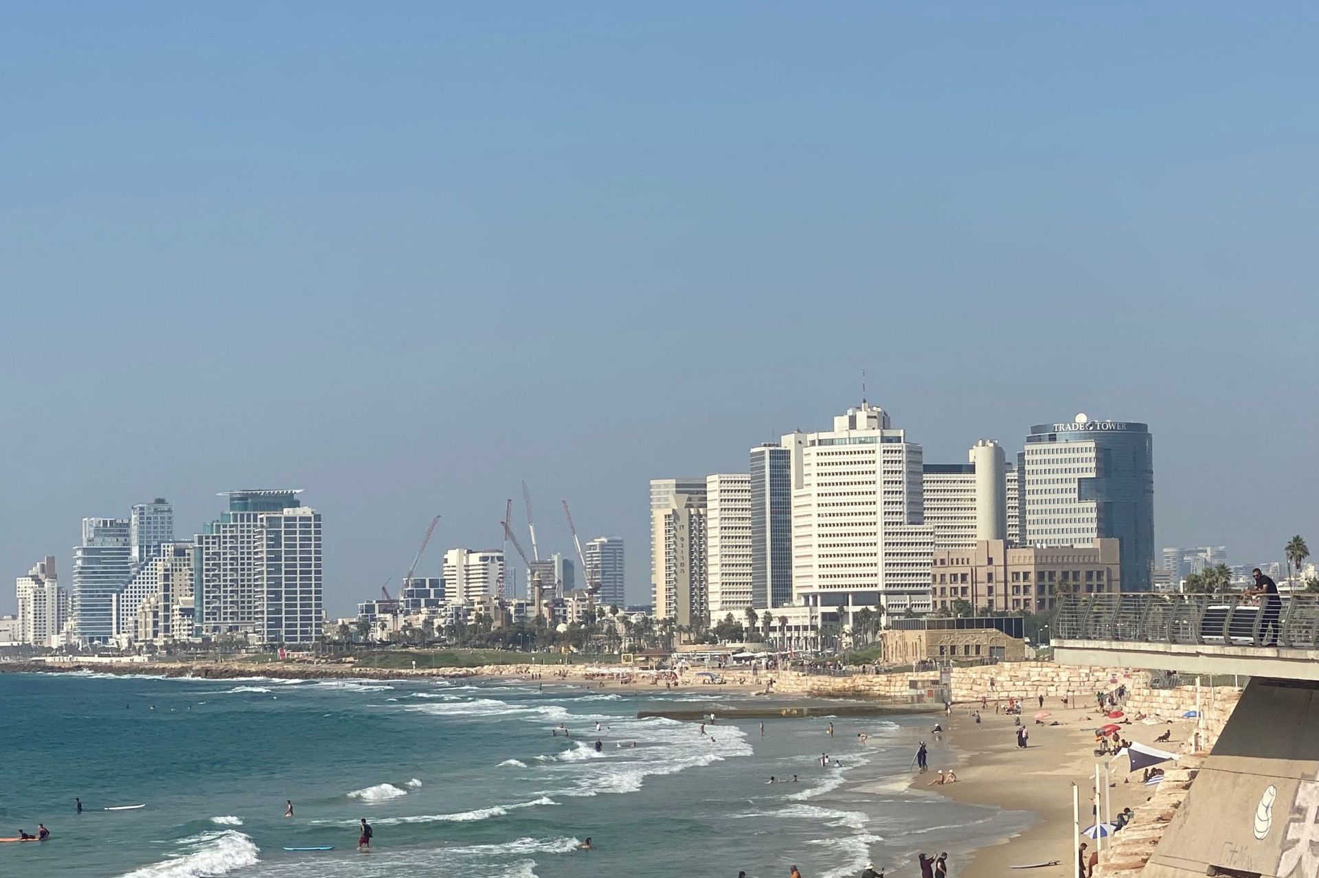 Beach scene with Tel Aviv skyline; people on the sand, waves in the sea, sunny day.