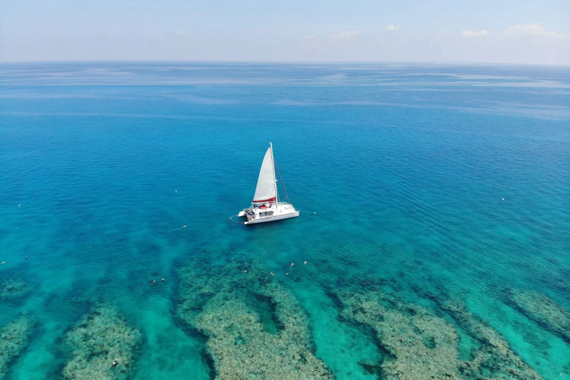 Sailboat sailing on turquoise water above a coral reef, clear blue sky.