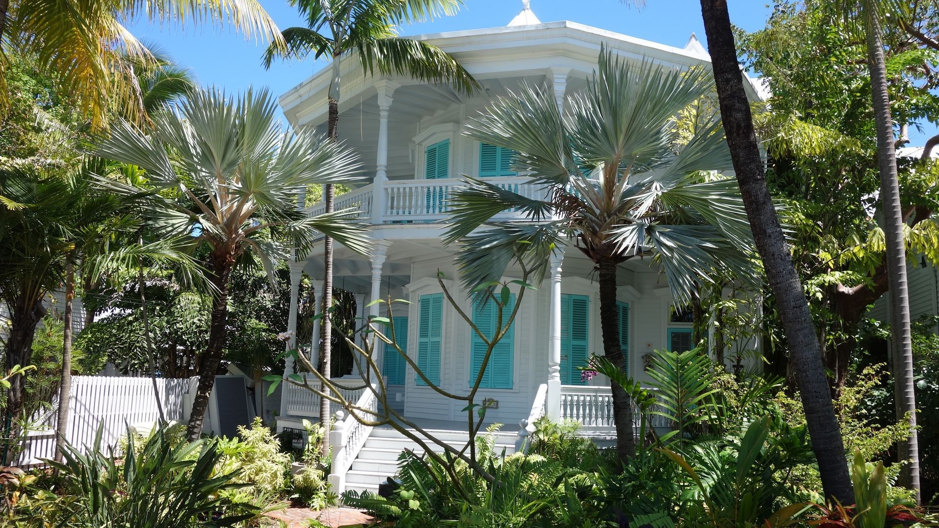 White Victorian house with teal shutters, surrounded by palm trees and lush greenery.