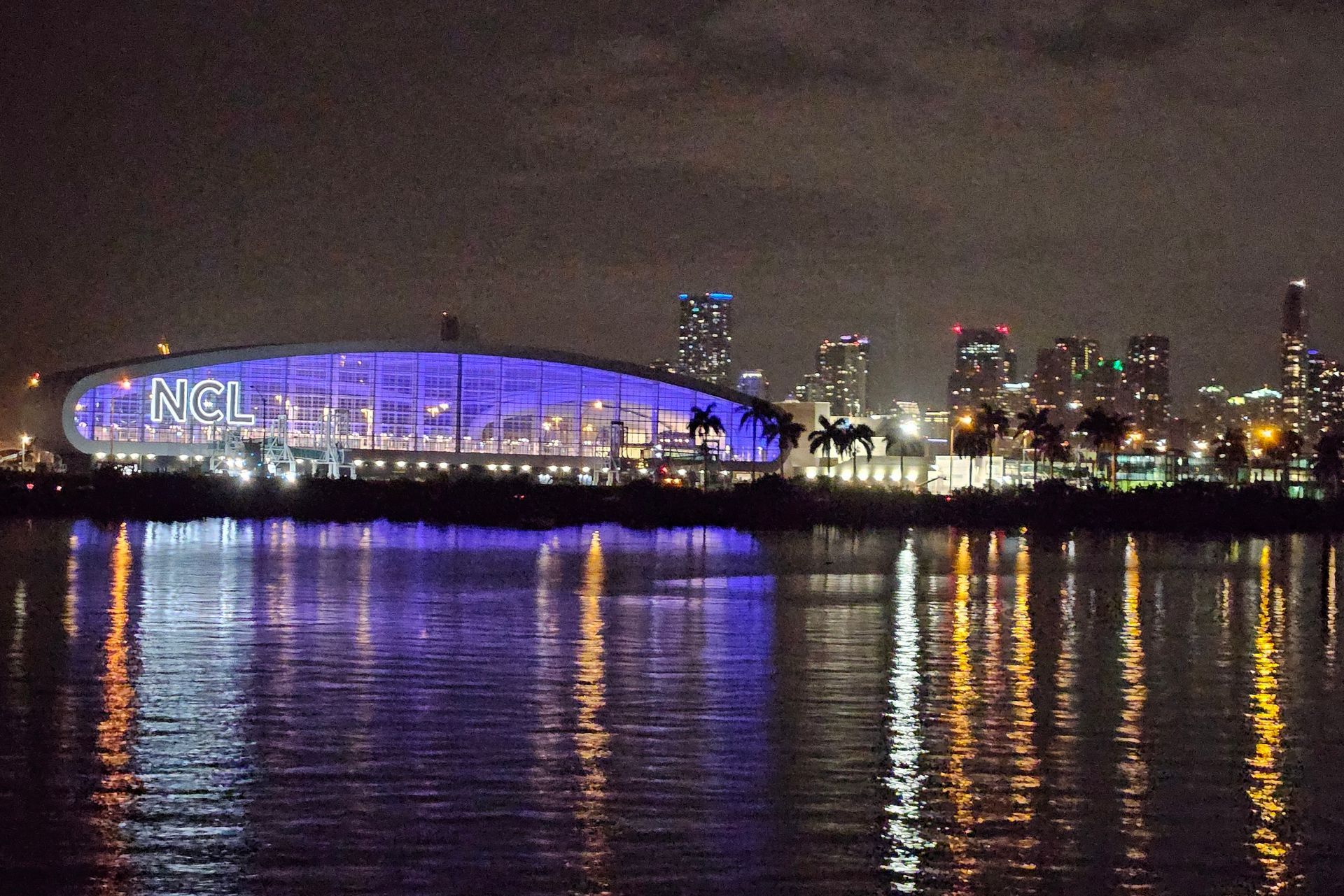 Night view of a building lit in purple and blue, reflected in water, with a city skyline in the background.