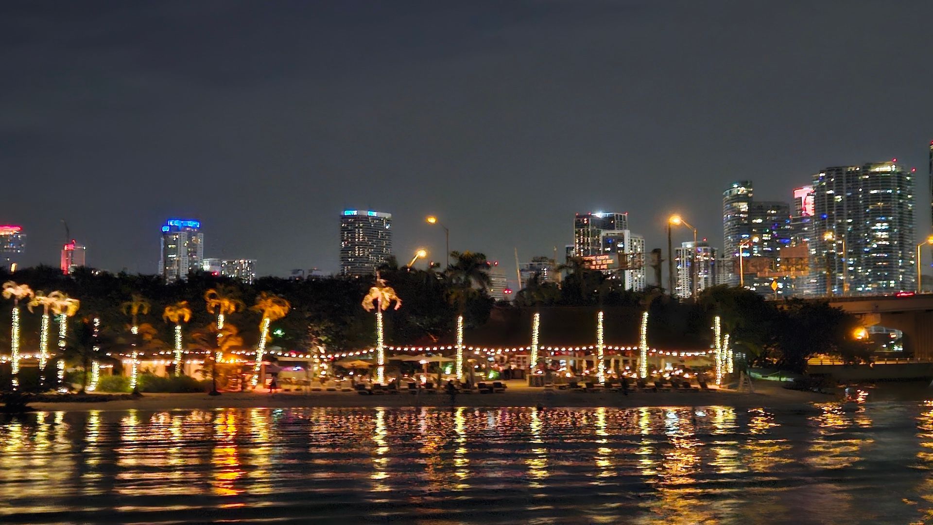 Night view: City skyline, lit trees, people on a beach with water reflections, all under a dark sky.