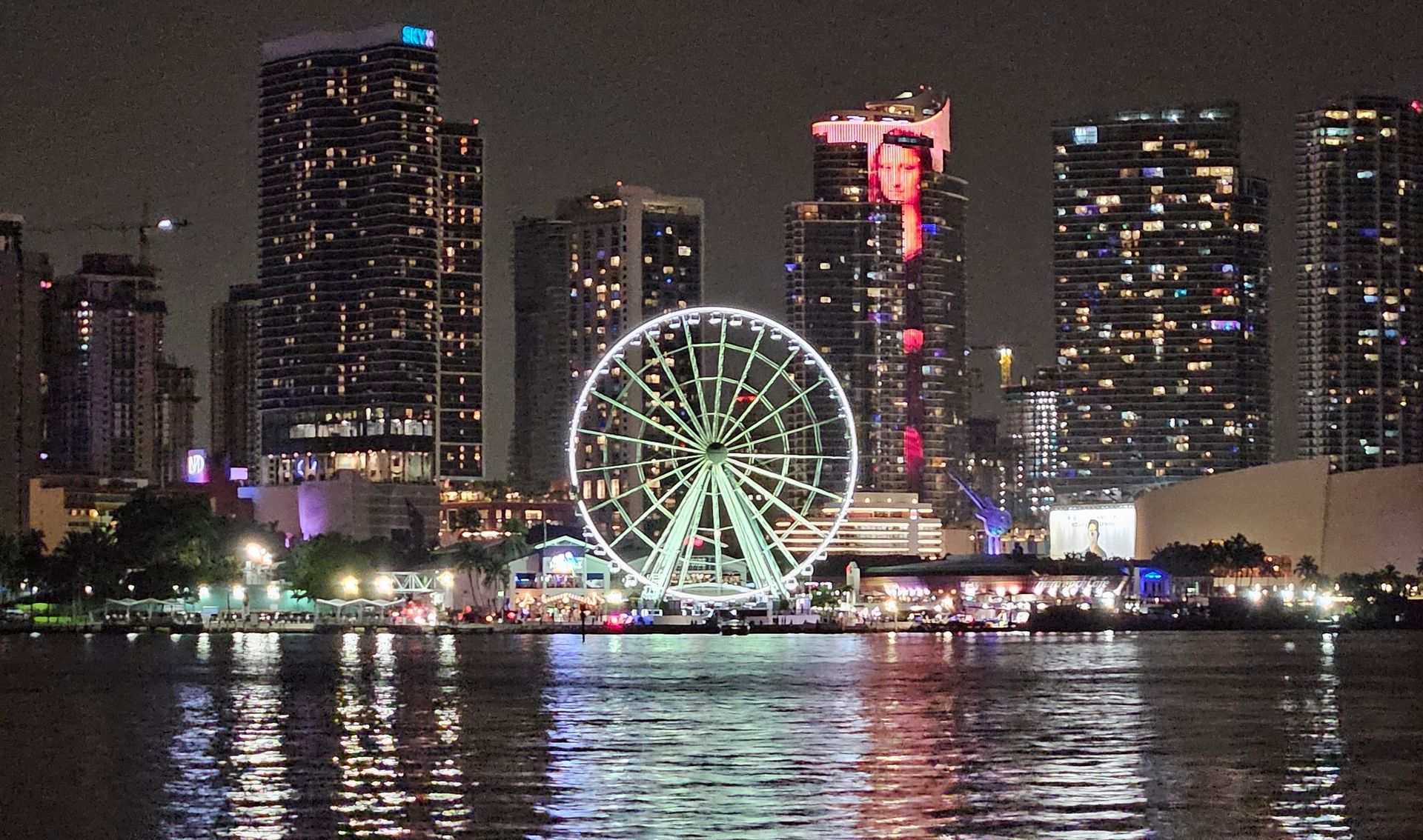 Night view of a Ferris wheel and city skyline reflected on the water.