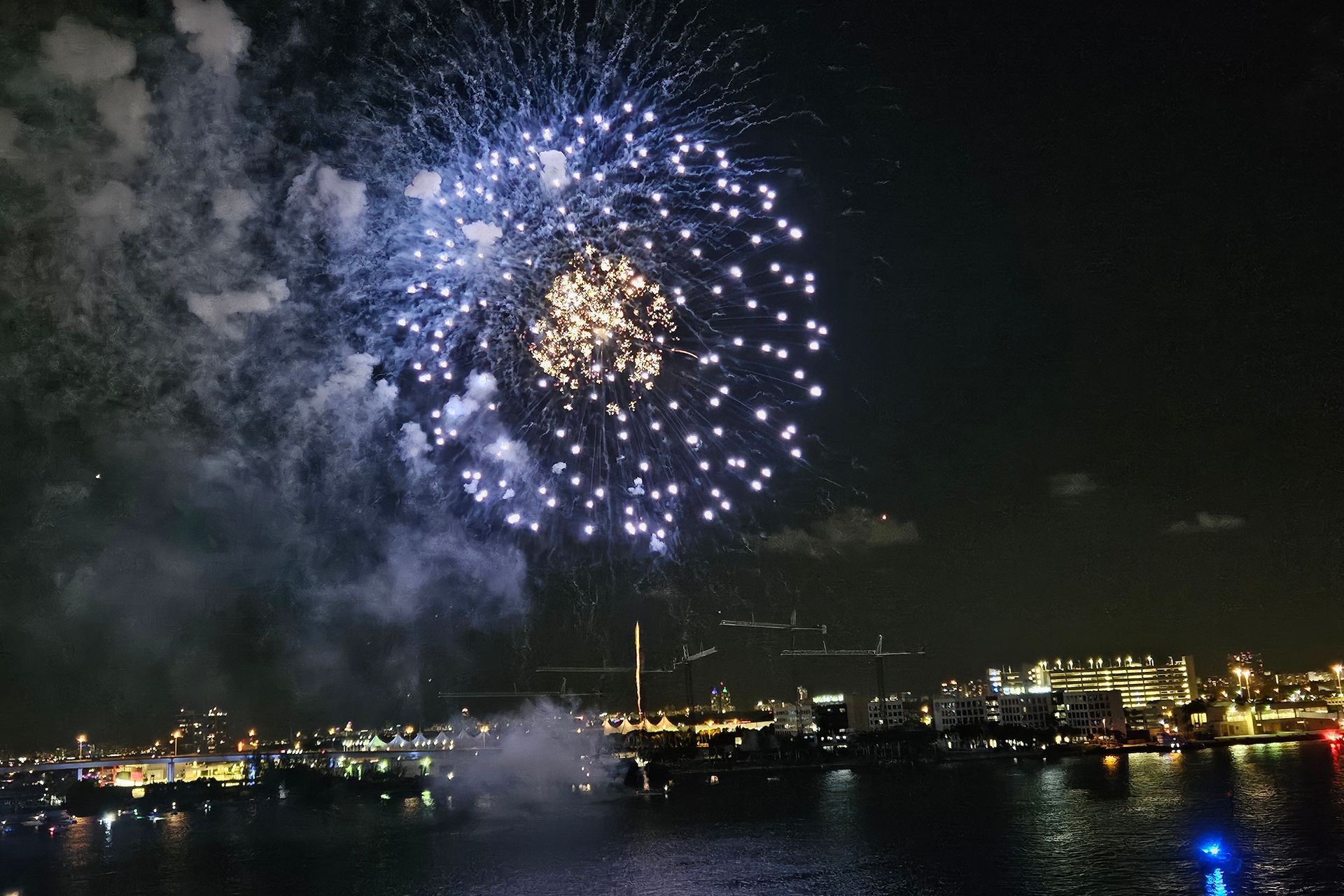 Fireworks exploding over a dark body of water with city lights in the background.