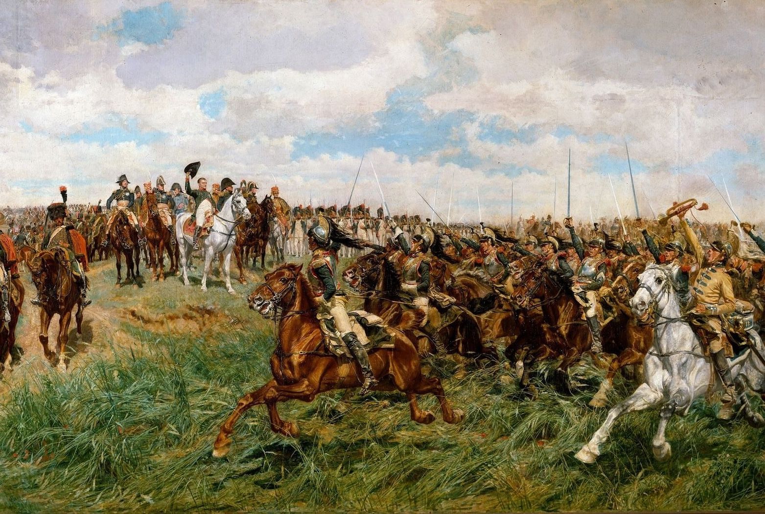 Cavalry charge scene: soldiers on horseback racing across a grassy field, many colors, dramatic sky.