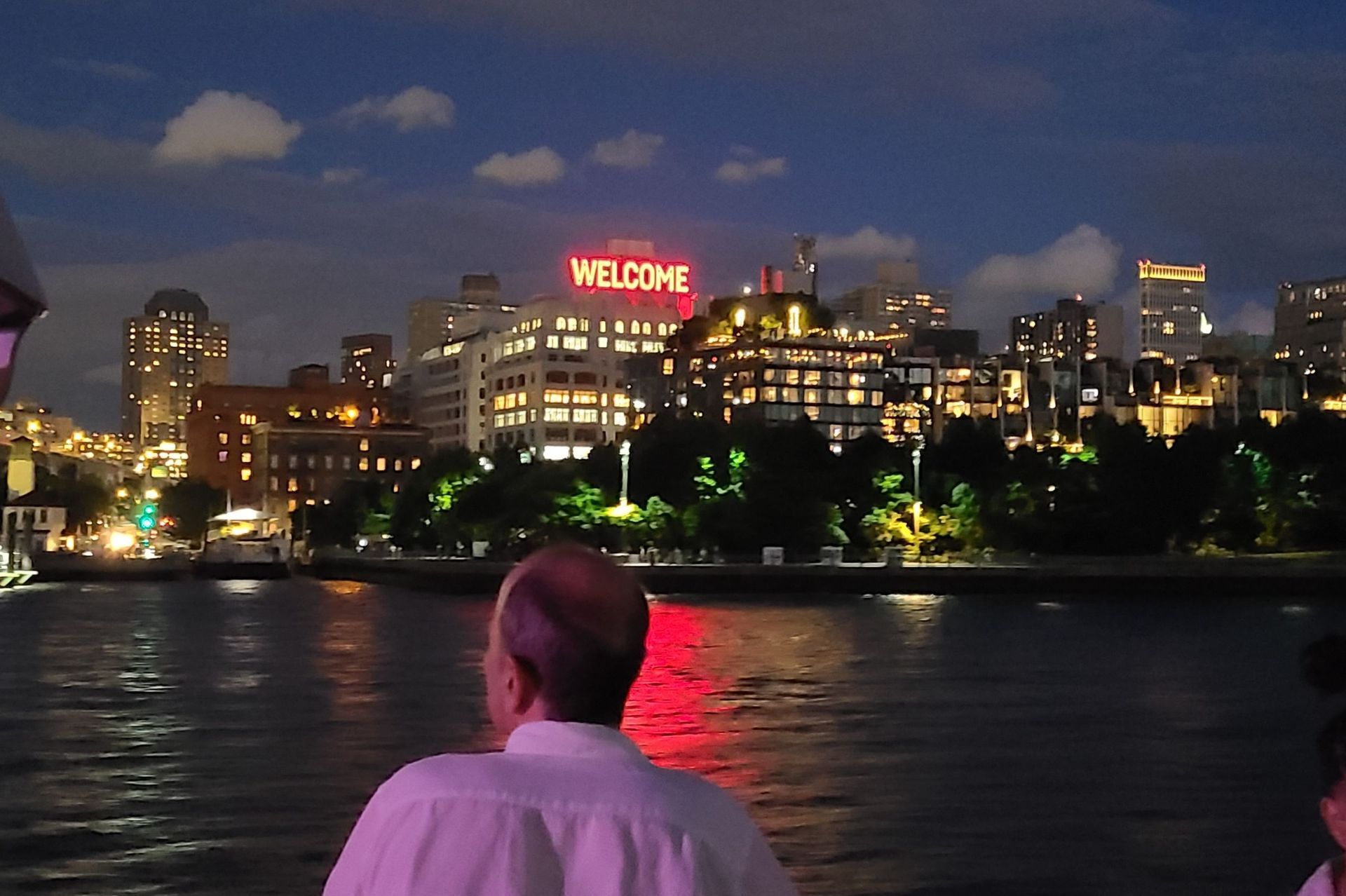 Man looking at a brightly lit city skyline at night, with a 