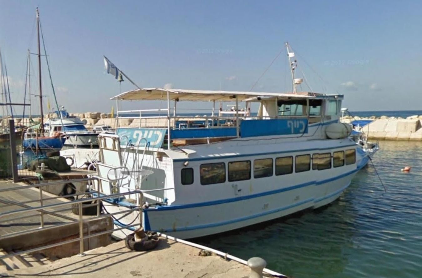 White and blue passenger boat docked at a pier in a sunny harbor.
