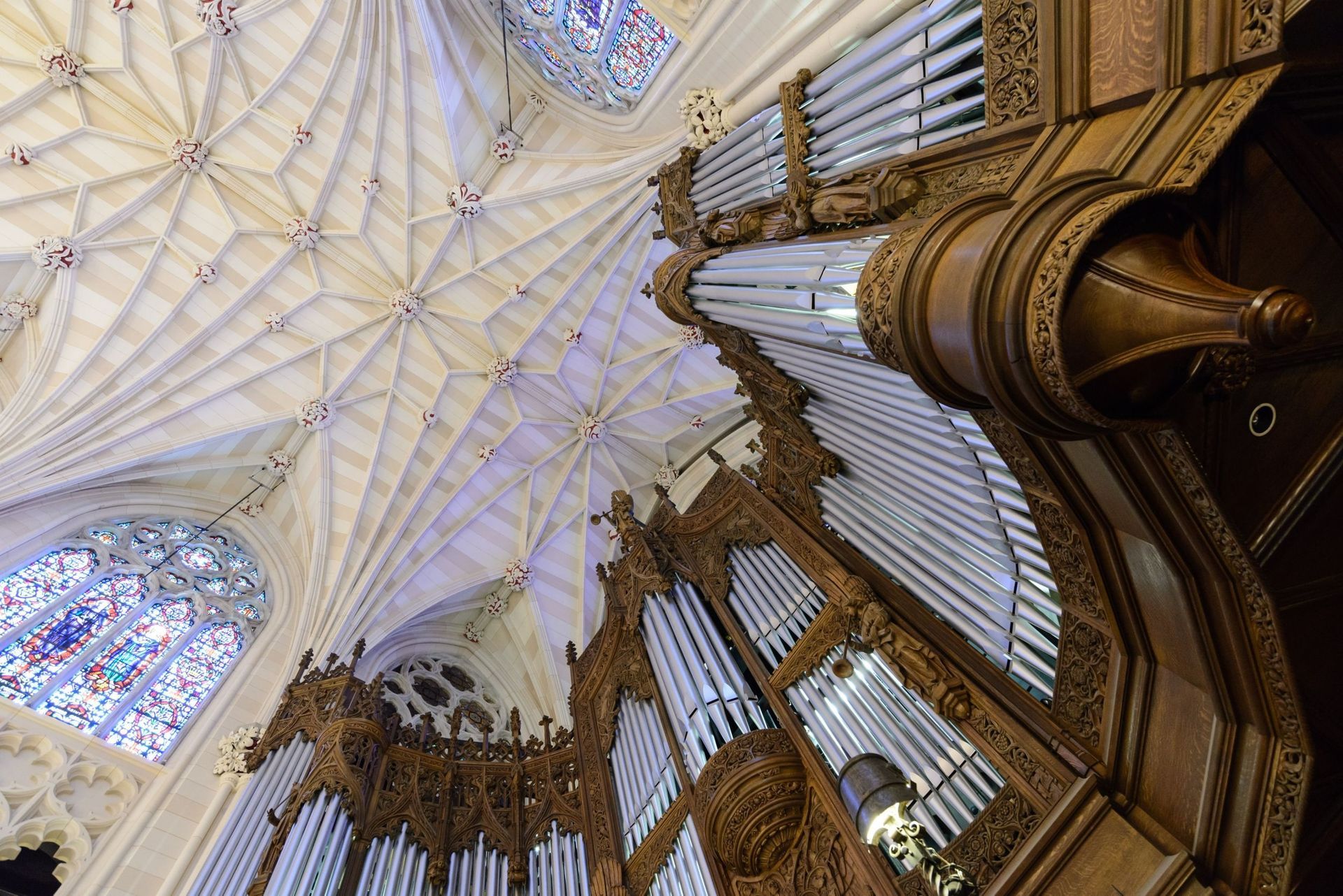 Looking up at church organ pipes and ornate ceiling with stained glass window.