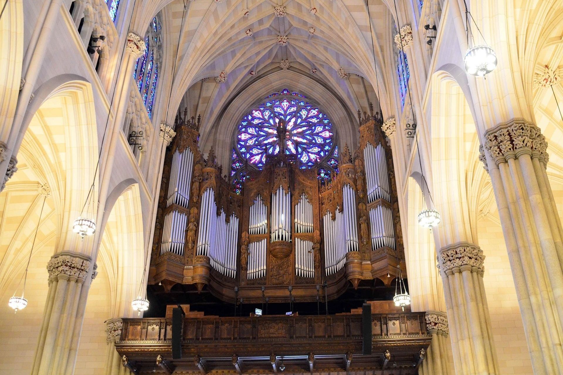 Interior of a cathedral: ornate organ against a stained-glass window, tall arched ceilings, stone columns.